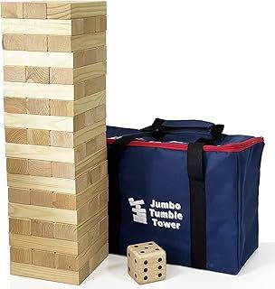 Jumbo Wooden Tumble Tower Game with Dice and with Carrying Bag, Classic Stacking Games 54 Pcs Building Blocks for Indoor/Outdoor (stack 60cm up to 150cm)