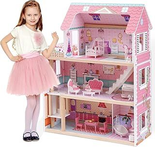 Wooden Dolls House Girls Toys Kids Doll House with Furniture Accessories Kids Modern Dollhouse Gifts for Girls