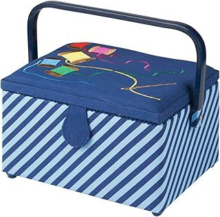 Medium Sewing Box with Compartments in a Striped Blue Fabric with a Rainbow Embroidered Sewing Thread Lid. 18.5 x 26 x 15cm GA1120M