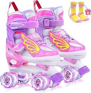 Roller Skates for Kids - 4 Size Adjustable Light Up Quad Children Skates - Shiny Illuminating Children Roller Skates for Toddlers Beginner, Christmas and Holidays