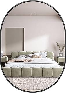 50 x 70cm Large Modern Oval Mirror Black Brushed Frame Wall Metal Framed HD Glass Wall Mirrors for Makeup Bathroom Living Room