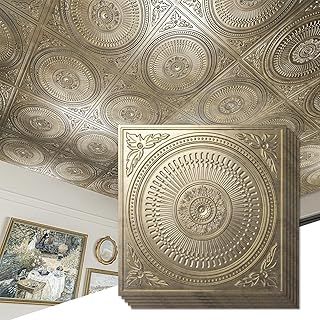 Art3d 12-Pack Drop Ceiling Tiles 2x2 FT, Decorative Easy Install PVC Ceiling Panels for Interior Kitchen Bathroom Basement, 24x24 Inch, Antique Gold