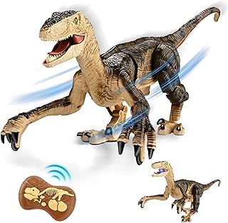 Remote Control Dinosaur Toy,2.4G Jurassic Velociraptor Toys Imitates Walking and Sounds,Simulation Walking Toys w/ 3D Eye LED Light,Shaking Head & Roaring,Dinosaur Toys for Boys Girls（yellow）