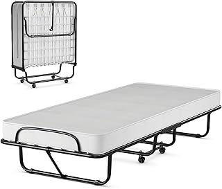 COSTWAY Folding Bed with 10cm Memory Foam Mattress, Portable Foldable Rollaway Guest Bed on Wheels, Metal Frame Space-Saving Compact Fold up Bed Office Camp Sleeper for Adults, Small Single, 190x80cm