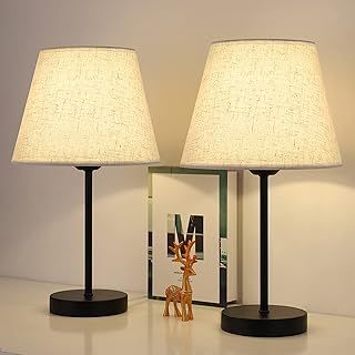 Bedside Table Lamps Set of 2, Bedroom Modern Small Desk Lamps with Linen Fabric Shades and Metal Base Pair of Bedside Lamps for Bedroom, Living Room