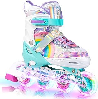 SULIFEEL Adjustable Light up Inline Skates for Kids Girls Beginner Skates with Illuminating Wheels Rainbow Unicorn