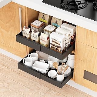 Pull Out Cabinet Organiser, Extendable Slide Out Drawers for Kitchen Cabinets, No Drill Pull Out Shelf Adjustable Width 31.5cm to 52cm with 3 Rails, 42cm Depth, 1 Pack