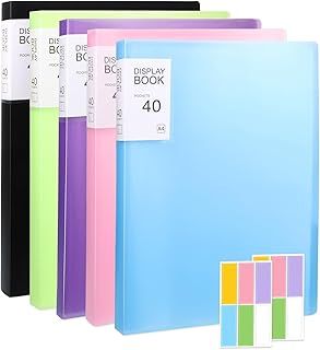 5 Pcs A4 Display Folders, Total 200 Pockets A4 Display Book Folder with Stickers, Plastic Sleeves and Pockets Presentation Folders Document Project Folder for School and Offices
