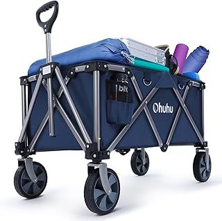 Ohuhu Folding Trolley Outdoor Wagon with Wheels, 85L/150kg Capacity 600D Oxford Fabric Heavy-Duty Utility Beach Trolley Folding Cart with Adjustable Handle for Outdoor Picnic Garden Beach Shopping