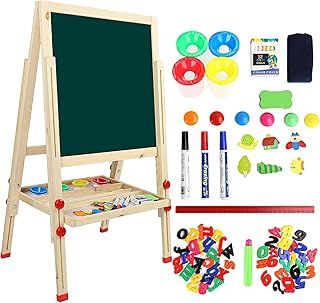 Dripex Kid’s Wooden Art Easel, Double-Sided Height Adjustable Painting Blackboard with Magnetic Accessories Chalk and Sponge for Toddlers and Kids