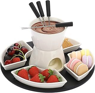 White Ceramic Chocolate Fondue Pot Set Cheese Ice Cream Warmer, 300ml Butter Fondue Set Tea Light Candle Fondue Pot with Wooden Pallet and 4 Forks and 4 Dishes