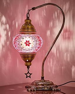 DEMMEX Authentic Turkish Lamp, Made in Turkey, Turkish Moroccan Tiffany Style Mosaic Table Bedside Lamp, Lampshade, 100% Handcrafted, Antique Brass Color Metal Body & Base, 15" (Light Pink)