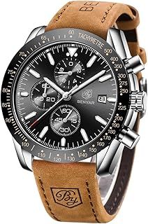 BY BENYAR Men's Analogue Chronograph Quartz Watch 30M Waterproof Luminous Date Display Casual Watch Sport Leather Watch