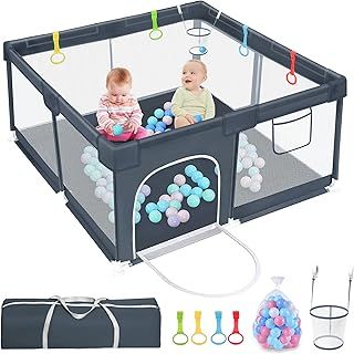 LQIKARL Baby Playpen for Babies and Toddlers with a Basket, 50pcs Ocean Balls, 4 Pull Rings, Anti-Collision Foam & Breathable Mesh, Playpen Indoor, Activity Center for Babies Kids Toddlers