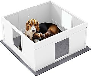 PawHut Dog Whelping Box, Dog Playpen Fence Exercise Play Pen with Water-Resistant Washable Whelping Pad, Adjustable Entrance, Non-Slip Pads, for Medium Dogs, Puppies, 100 x 96cm