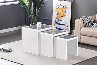 PRIMA Nest of 3 Tables White with Grey Tempered Glass Top High Gloss Side End Coffee Home