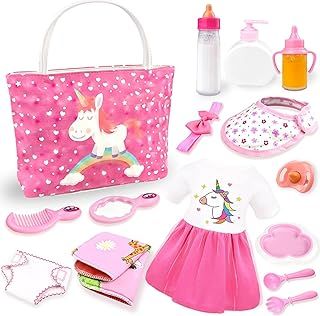 BNUZEIYI Baby Doll Accessories - Baby Doll Feeding and Caring Set with Diaper Bag, Bottles for Girls' Toys, Gift including Stuff Doll Clothes, Fits 14-16 Inch and 18 Inch Dolls
