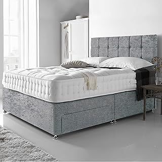 Reinforced King Size Bed Set 5 FT with 2000 Series Mattress - Silver Crushed Velvet Divan Beds Set with Various Storage Options – 26 Inch Headboard with Chrome Glider Feet (KingSize)