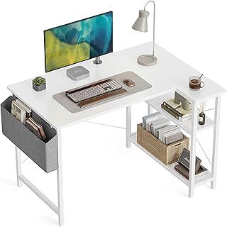 CubiCubi 100 cm Small L Shaped Computer Desk with Storage Shelves Home Office Corner Desk Study Writing Table, White