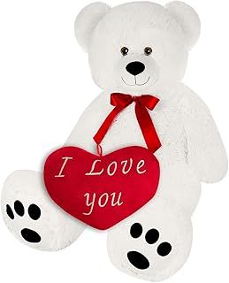 Teddy Bear with 'I Love You' Heart Pillow | XL - 100cm | White | Valentine's Day Gift | Soft Fur, Cute Bow Tie | Perfect Present for Husband, Wife, Girlfriend or Boyfriend