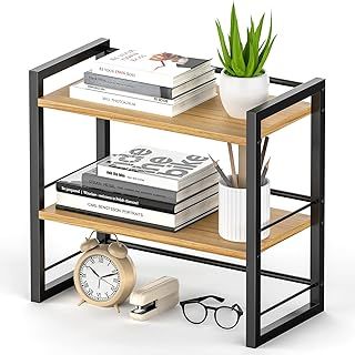 THYGIFTREE Office Desk Shelf Organizer, Wood Desktop Bookshelf Supplies Storage Rack, Shelf for Top of Desk and Dresser (Black)