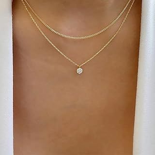 Layered Cz Crystal Pendant Necklace Layered Gold Necklace Round Solitaire Pendant Necklace Sparkling Crystal Necklace Bridal Cz Necklace Chain Jewelry for Women and Girls Gifts