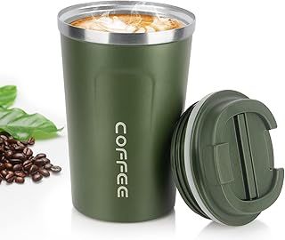 MOMSIV Coffee Cup, 380ml Vacuum Reusable Leakproof Double Wall Coffee Cup, Insulation Stainless Steel Eco-Friendly Travel Office Mug for Hot Coffee Tea and Cold Drinks (Green)