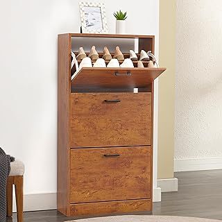 Shoe Cabinet, Wooden Shoe Storage Cabinet Organizer with 3 Drawer Shoes Rack 3 Tier Storage Freestanding Footwear Stand for Hallway, Entryway, Living Room, Pine, 60W x 24D x 118H cm
