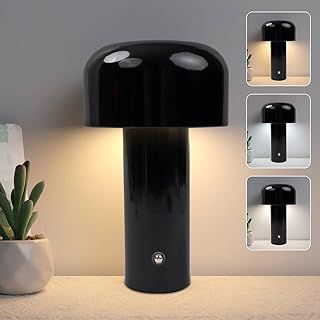 EXTRASTAR Mushroom Shape LED Desk Lamp, USB Rechargeable Mushroom Decorative Table Lamp Light with 3 Colours Dimmable for Restaurant, Bar, Bedroom, and so on (Black)