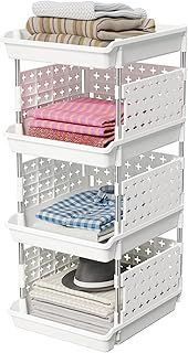Lifewit 4 Tier Stackable Storage Baskets - Clothes Organiser Wardrobe Plastic Trolley Unit Rack Shelf for Kitchen, Cupboard - White, 35 x 30 x 72 cm