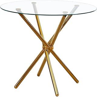 Round Dining Table 90cm with Clear Tempered Glass top and Gold Chrome Legs, 2-4 Seater Dining Table for Kitchen, Small Spaces, Apartment