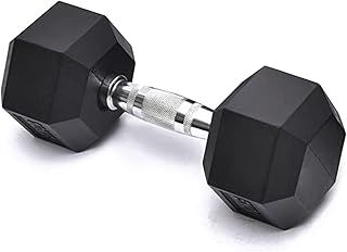 LMS Data Hex Dumbbell, Home & Gym Cast Iron Dumbbells, Rubber Encased Hexagonal Dumbell (10kg, Single)