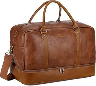 BAOSHA Leather Large Travel Duffel Tote Bag Carry On Weekender Overnight Bag with Shoe Compartment HB-38, Brown, L, Classic