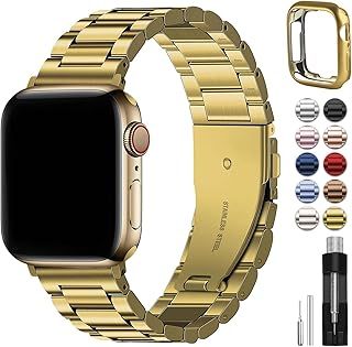 Compatible with Apple Watch Straps 40mm 41mm 38mm 42mm(Series 10), Metal Stainless Steel Replacement Bands for iWatch SE/Series 10/9/8/7/6/5/4/3/2/1, Gold & Protective Case