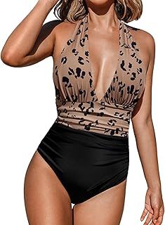 CUPSHE Women Swimsuit One Piece V Neck Halter Backless Ruched Tummy Control Vintage Swimwear Bathing Suit