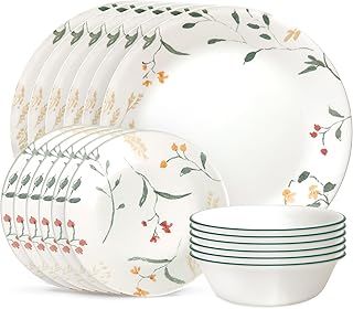 Corelle Vitrelle 18 Piece Glass Dinnerware Sets, Service for 6, Triple Layer Chip & Crack Resistant Glass Plate and Bowl Sets, Wildflower