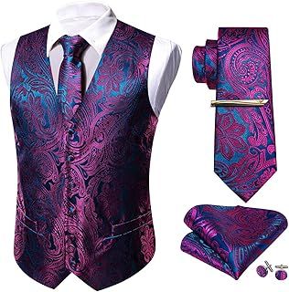 Barry.Wang Men Vest Set Paisley Floral Silk 5PCS Waistcoat Tie Handkerchief Cufflink Clip Casual Business Dress