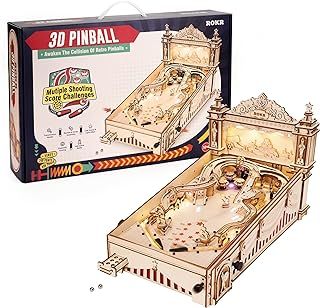 ROKR Wooden Model Kits for Adults to Build 3D Puzzles Pinball Machine Marble Run Arcade Pinball Game Classic Retro Toy Christmas Fun Gift for Kids 482pcs(EG01)