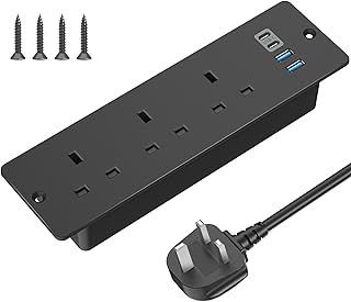 Recessed Power Socket with USB C, ANVODE Hidden Desk Power Sockets with 2 USB A, 2 USB-C Ports, 2M Power Extension Lead with 3 Outlets, Hidden in the furniture Desk Table, Black