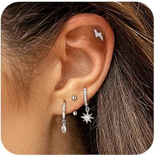 Morfetto 4 Pairs 14K Gold Plated Hypoallergenic Earrings Set for Women - Dainty Stud, Huggie, Small Hoop, and Dangle Cartilage Earrings for Multiple Piercings