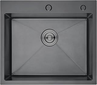 Ibergrif M85545B Black Drop-in Topmount Kitchen Prep Sink, Stainless Steel, 55 x 45cm, Single Bowl Outdoor Campervan Sink with Drain Fittings, Soap Disp. Hole