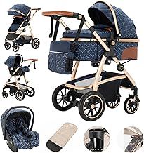 3 in 1 Prams Travel System, Pushchair with Height Adjustable Handle, Travel Pram with Mosquito Net, Baby Stroller with Aluminum Frame for Newborn 0-4 Years