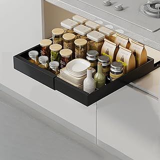 Pull Out Cabinet Organiser Expandable Cupboard Organiser with Adhesive Tape Metal Sliding Drawers for Kitchen Storage Black