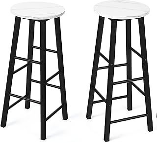Bar Stools Set of 2, Marble Effect Counter Breakfast Barstools with Footrest & Anti-slip Footpads, Round Kitchen High Stools for Home, Pub, Bar and Dining Room (White)