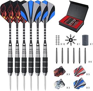 flintronic Steel Darts Set, Professional Darts Tip with Non-slip Stainless Steel Shaft,4 Style Poly Flights, PVC Shafts, Dart Sharpener, Rubber Rings, Flight Protector,with a Gift Box