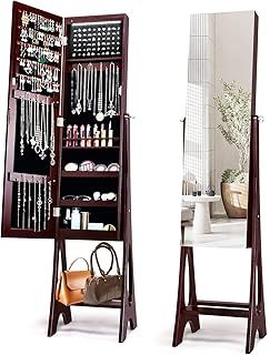COSTWAY LED Lights Jewellery Cabinet, Freestanding Lockable Jewelry Armoire with Full Length Mirror and Large Storage, Angle-Adjustable Bedroom Makeup Cosmetics Jewellery Organiser Unit Gift (Brown)