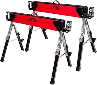 Excel Portable Steel Saw Horse Twin Pack - Heavy-Duty, Adjustable Legs, Built-in Work Table, Carry Handle, Non-Slip Rubber Feet - Versatile Sawhorse Solution, Saw Bench, Workbench
