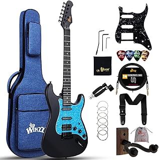 Winzz Adult Electric Guitar 4/4 Full Size, HSS Pickup, Guitar Electric ST for Beginners Starter Pack with 12 Accessories, Ideal Kids Electric Guitar Kit 12+ Years (39" Matte Black, Blue Pickguard)