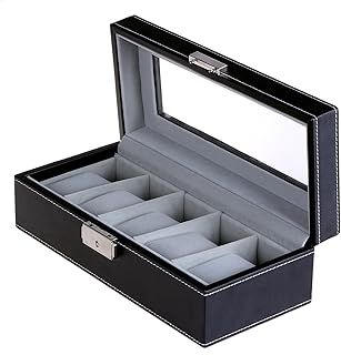 SONGMICS Watch Box with 5 Compartments, Glass Lid, Watch Box with Soft Velvet Lining, Display and Storage of Watches, with Lock and Keys, JWB05B