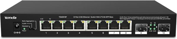 Tenda TEM2010F 10 Ports 2.5G Multi-Gigabit Unmanaged Switch, 2 SFP Ports, VLAN, Static Aggregation, 50Gbps Switching Capacity, Desktop/Wall Mounting, Plug and Play, Black